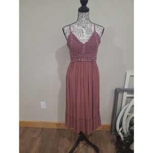 Blush Women SZ S Boho crochet bodice brown gauze midi dress grunge festival vaca